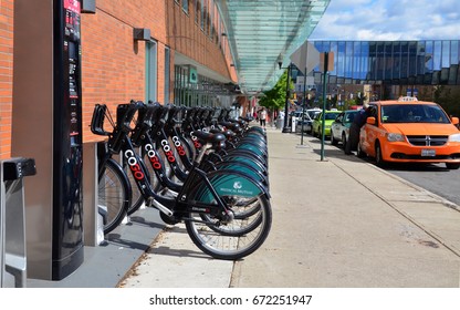 COLUMBUS, OH - JUN 27: A CoGo bicycle rental station near the Convention Center in Columbus, OH, is shown on June 27, 2017. The system comprises 41 stations and 365 bikes.