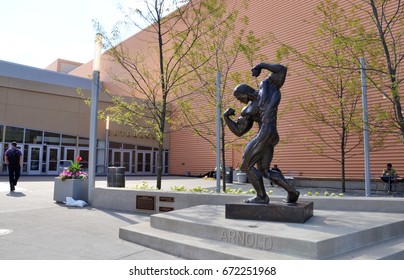 COLUMBUS, OH - JUNE 27: A sculpture of Arnold Schwarzenegger at the Columbus Convention Center is shown on August 7, 2017. Columbus hosts the annual Arnold Fitness Festival. 