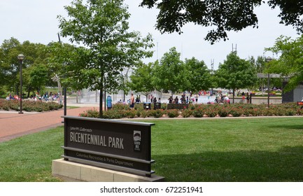 COLUMBUS, OH - JUNE 28: Bicentennial Park is shown on June 28, 2017. The American Electric Power Foundation Fountain has more than one thousand water jets. 