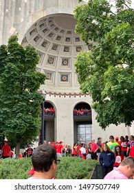 COLUMBUS, OHIO - AUGUST 31,2029:  Pre-game Festivities Outside The Football Ohio Stadium, Home Of The Ohio State Buckeyes Are Exciting.  Crowds Gather To Watch The Band And The Cheerleaders.