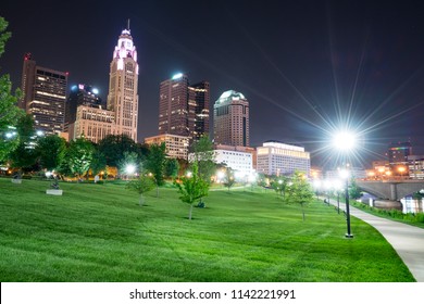 Columbus, Ohio City Night Skyline From Battelle Riverfront Park