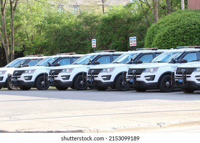 Columbus Ohio May 1, 2022
A Succession Of Police Cars Lined Up In Front Of Precinct. 