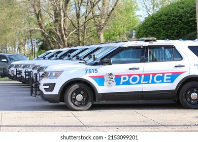 Columbus Ohio May 1, 2022
A Succession Of Police Cars Lined Up In Front Of Precinct. 