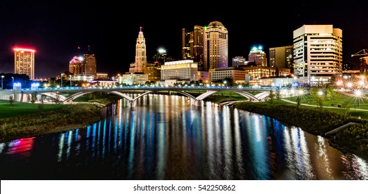 Columbus, Ohio Night Skyline From The The Main Street Bridge