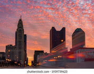 Columbus Ohio - United States - January 30th 2021.  Traffic Heads Downtown At Sunrise On A Cold Winter Morning. 