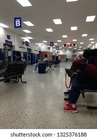 Columbus, Ohio, USA, April 2, 2018: The Inside Of The Greyhound Bus Station Is Seen Late At Night With Weary Travelers.