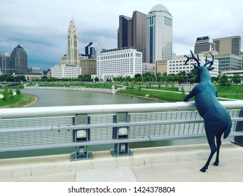 Columbus, Ohio / USA - April, 2018: Deer Statue On Bridge