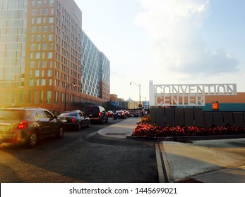 Columbus, Ohio, USA, June 2019: High Street With Traffic And A Sign For Greater Columbus Convention Center In Downtown Columbus.