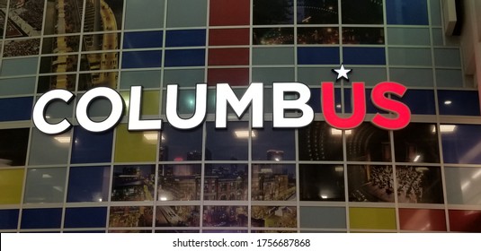 Columbus, Ohio/USA 10/28/2019: Signage Logo Of Columbus On The Windows At The Entrance Of John Glenn Columbus International Airport