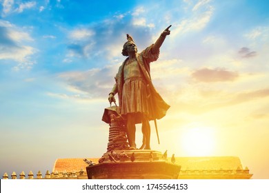 Columbus Statue In Santo Domingo, Dominican Republic During Sunset.