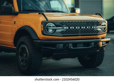 COLUMBUS, UNITED STATES - Nov 23, 2021: A Yellow Ford Bronco Badlands SUV In The USA