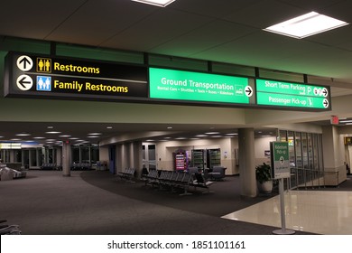 Columbus,Ohio October 31, 2020
Baggage Claim Restroom, Short Term Parking Signage At John Glenn Airport.