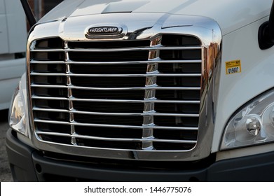 Columbus,OH-USA June 27,2019: Freightliner Semi Tractor Trailer Trucks With Featured Signature Grill.