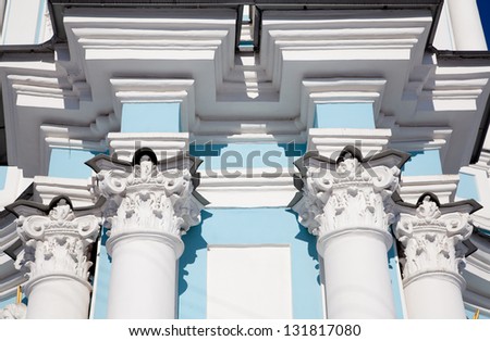 Column capitals. The bell tower of St. Nicholas Naval Cathedral in  St. Petersburg, Russia. Built in 1753-1762 by the architect C. Chevakinskyfence