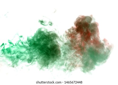 Column clouds of smoke and patterns texture of different forms of red and green colors with tongues of flame on a white isolated background. Print for t-shirt. Toxic ink.