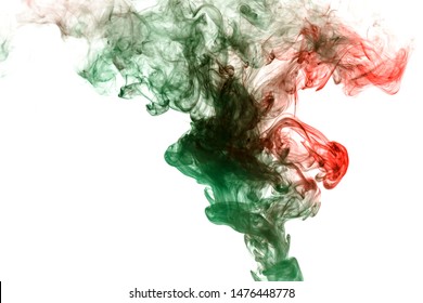 Column clouds of smoke and patterns texture of different forms of red and green colors with tongues of flame on a white isolated background. Print for t-shirt. Toxic ink.