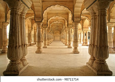 Columned hall of Amber fort. Jaipur, India