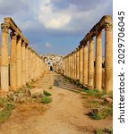 The columns of the ancient Oval Plaza Jerash in Amman, Jordan