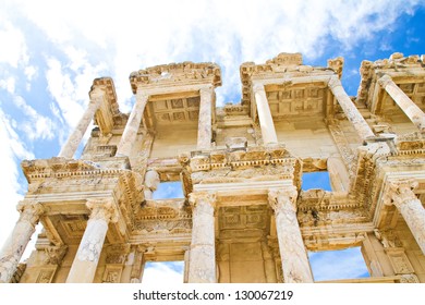 The Columns Of The Celsus Library Of Ancient Ephesus In Kusadasi, Turkey