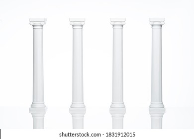 Columns. Classical Greek Ionic Columns Pillars. White on White Background. Architectural White Classical Columns Pillars Wedding Cake Decoration or Wedding Invitations. Classical architectural Pillars