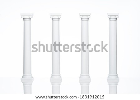 Columns. Classical Greek Ionic Columns Pillars. White on White Background. Architectural White Classical Columns Pillars Wedding Cake Decoration or Wedding Invitations. Classical architectural Pillars