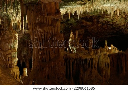 Columns, stalactites and stalacmites in the Cuevas del Hams on the island of Majorca. Balearic Islands. Spain