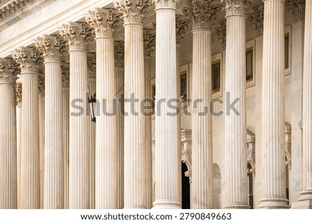 Columns stone facade Tall vertical. Columns fluted marble symmetry pattern. Columns decorative capitals carved detail. Columns classical Roman architecture.