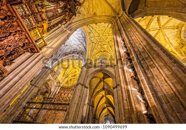 Columns Vaulted Ceiling Cathedral Seville Spain Stock Image