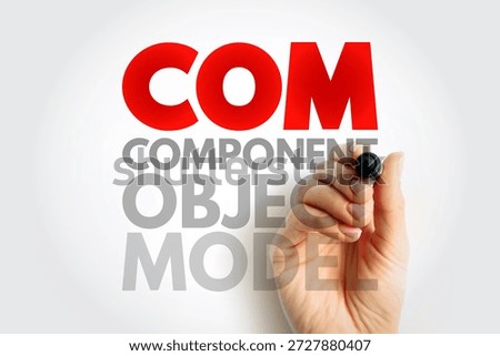 COM acronym for component object model handwritten concept. Representation of modular architecture connecting reusable software parts for programming and digital integration efficiency