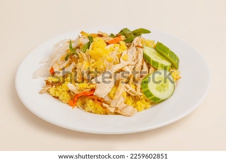 Com ga Nha Trang also know as fried chicken rice, Vietnamese food isolated on white background, close-up