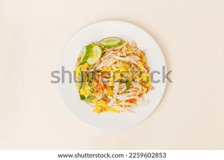 Com ga Nha Trang also know as fried chicken rice, Vietnamese food isolated on white background, top view