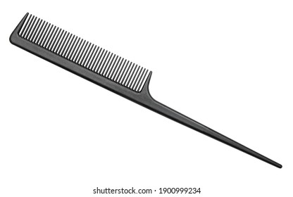 Comb With Tail. Professional Barber Rat Tail Comb For Hair. Comb With Thin And Long Handle On White Background. Hairdresser Salon Equipment Concept. Premium Hairdressing Accessories For Haircut.