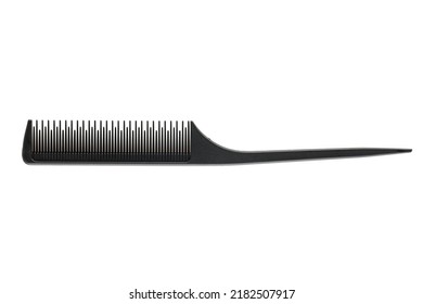 Comb With A Tail. Professional Hairdressing Comb Rat Tail For Hair. Comb With A Thin And Long Handle On A White Background . Premium Hairdressing Accessories For Haircuts.