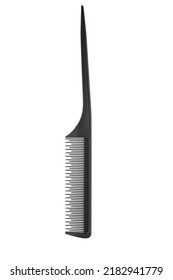 Comb With A Tail. Professional Hairdressing Comb Rat Tail For Hair. Comb With A Thin And Long Handle On A White Background . Premium Hairdressing Accessories For Haircuts.