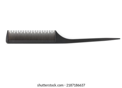 Comb With A Tail. Professional Hairdressing Comb Rat Tail For Hair. Comb With A Thin And Long Handle On A White Background . Premium Hairdressing Accessories For Haircuts.