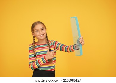 Comb For Tangled Hair. Hairdresser Supplies. Large Comb. Girl Long Hair Hold Enormous Comb. Hairdresser Salon. Combing Hair. Cheerful Happy Smiling Little Kid With Giant Comb. Professional Equipment