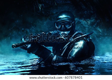 Combat diver of special forces operations unit frogmen comes up in jungle in diving gear. Dark night, moonlight, diversionary operation with weapon