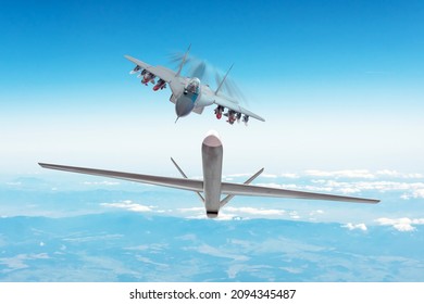 Combat Fighter Pursuing Target Drone - Uav Unmanned Military Drone. Conflict, War. Aerospace Forces