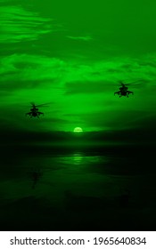 Combat Helicopter Against The Moonlit Sky, The View Through A Night Vision Device