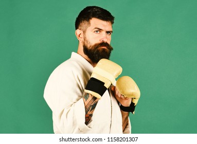 Combat master practices attack or defense posture. Man with beard in white kimono on green background. Japanese martial arts concept. Karate man with serious face in uniform and golden boxing gloves.