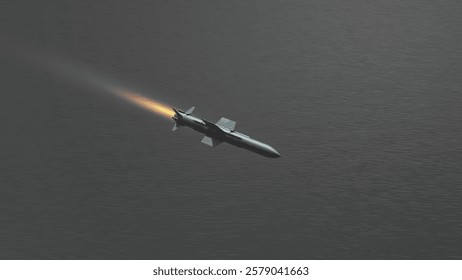 A combat rocket is flying above the sea, smoke and fire from the rocket. Concept: missile attack.