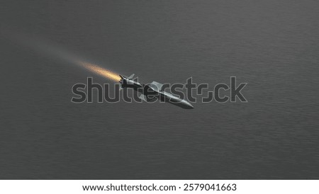 A combat rocket is flying above the sea, smoke and fire from the rocket. Concept: missile attack.