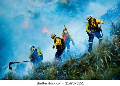 Combating The Flames. Shot Of Fire Fighters Combating A Wild Fire.