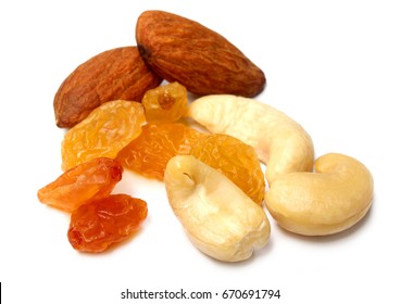 Combination Of Cashew Nuts, Almonds Nuts And Raisins On White Background