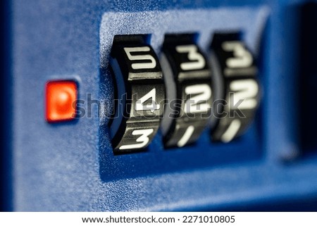 Combination code lock, three numbers numerical password suitcase lock mechanism, object detail, macro, extreme closeup, private belongings safety, security during transport abstract concept, nobody