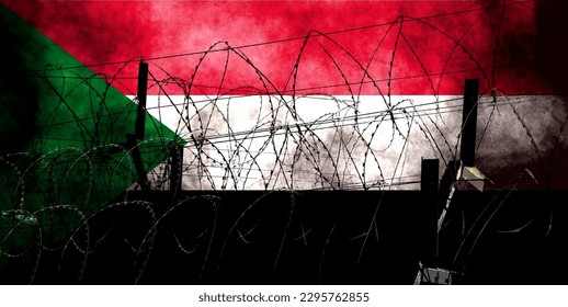 Combination of flag of Sudan and barbed wire. Describes Sudan as in a state of war. Sudanese Civil War. Basemap and background concept. Double exposure hologram.