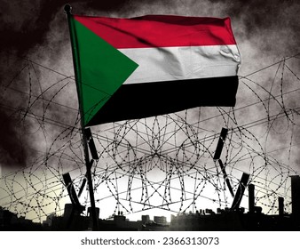 Combination of flag of Sudan and barbed wire. Describes Sudan as in a state of war. Sudanese Civil War. Basemap and background concept. Double exposure hologram.         