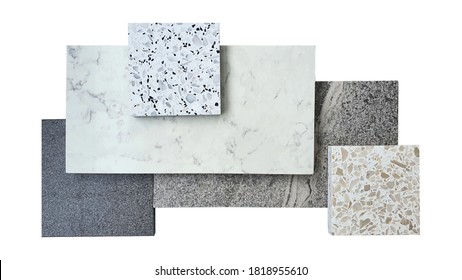 combination of interior flooring material samples contains grey granite ,grey slate ,white marble ,white and beige terrazzo samples isolated on white background with clipping path.