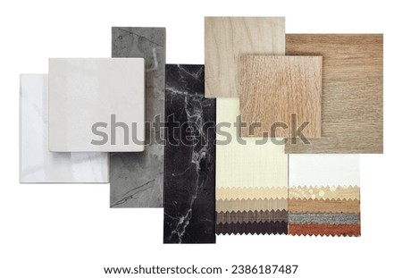 combination of interior material samples contain oak wooden ceramic flooring tiles, drapery fabric catalog palette, marble stones, stone granite tiles isolated on background with clipping path.