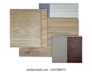 combination of interior material samples including vinyl floorings, oak, ash and italian walnut engineered floorings, fabric interior wallpapers isolated on white background with clipping path.